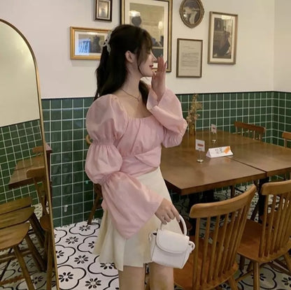 Cute Pink Back Puff Sleeve French Bow Bandage Long Sleeve Shirt Blouse Crop Top Square Neck Aesthetic Casual E-Girl Kawaii Korean Japanese Harajuku
