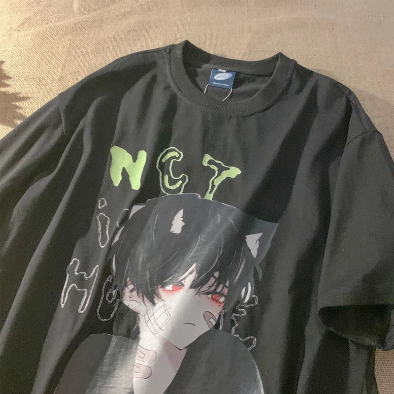 Cute Anime Boy Cat Ears Cartoon Graphic Print Oversize Short Sleeve Shirt Summer Aesthetic Casual E-Girl Kawaii Korean Japanese Harajuku