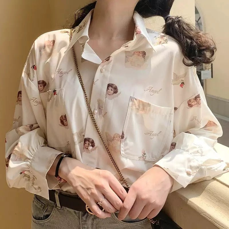 Vintage Angel Love Print Elegant Long Sleeve Shirt Blouse Top Lantern Sleeve Punk Grunge E-Girl Kawaii Korean Japanese Harajuku Streetwear