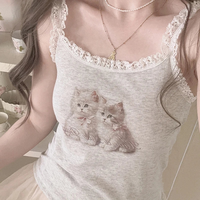 Cat Lace Trim Crop Top