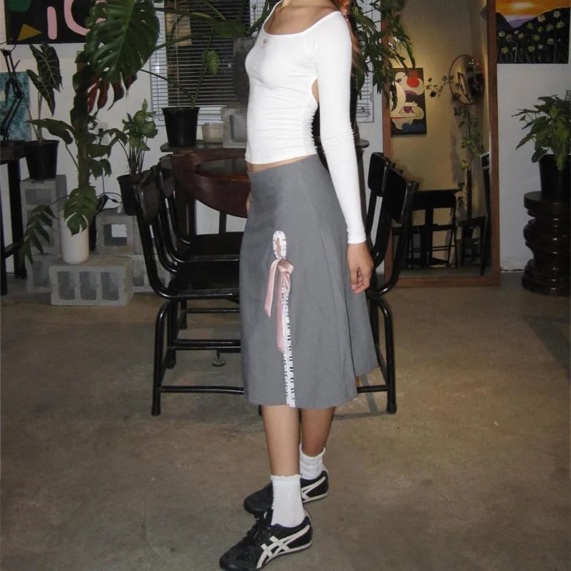 Grey Lace Bow Side Split Midi Skirt