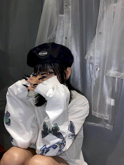 Cute Vintage White Butterfly Print Long Sleeve Shirt Sweatshirt Loose Oversized Autumn Aesthetic E-Girl Kawaii Korean Japanese Harajuku Streetwear