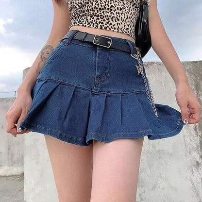 Cute High Waisted Pleated Denim Zipper Mini Skirt Blue Pink Bottoms Club Aesthetic Summer Party E-Girl Kawaii Korean Japanese Harajuku Streetwear