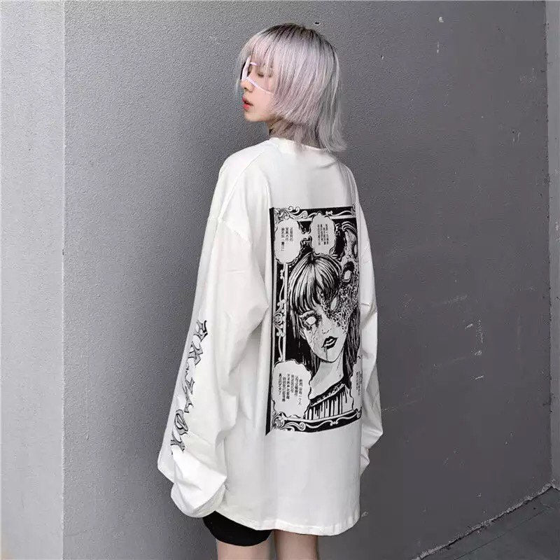 White Dark Anime Girl Cartoon Print Long Sleeve White T-Shirt Oversize Loose Vintage Goth Aesthetic E-Girl Kawaii Korean Japanese Harajuku Streetwear