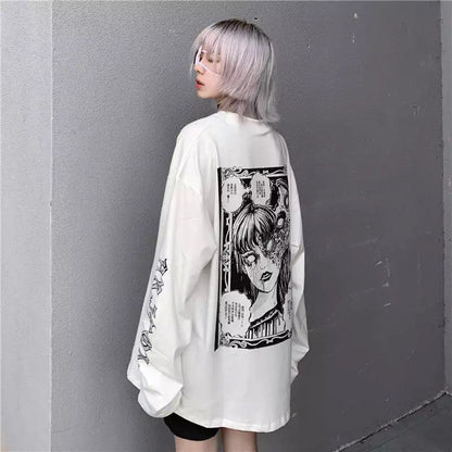 White Dark Anime Girl Cartoon Print Long Sleeve White T-Shirt Oversize Loose Vintage Goth Aesthetic E-Girl Kawaii Korean Japanese Harajuku Streetwear