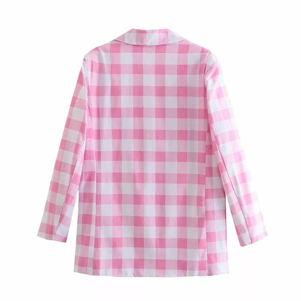 Cute 2pcs Set Vinatge Pink Plaid Blazer + High Waist Mini Skirt Suit Summer Aesthetic Casual E-Girl Kawaii Korean Japanese Harajuku