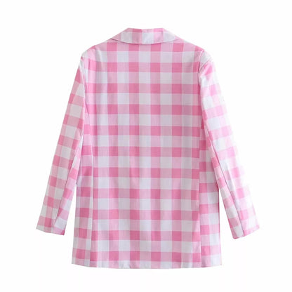 Cute 2pcs Set Vinatge Pink Plaid Blazer + High Waist Mini Skirt Suit Summer Aesthetic Casual E-Girl Kawaii Korean Japanese Harajuku