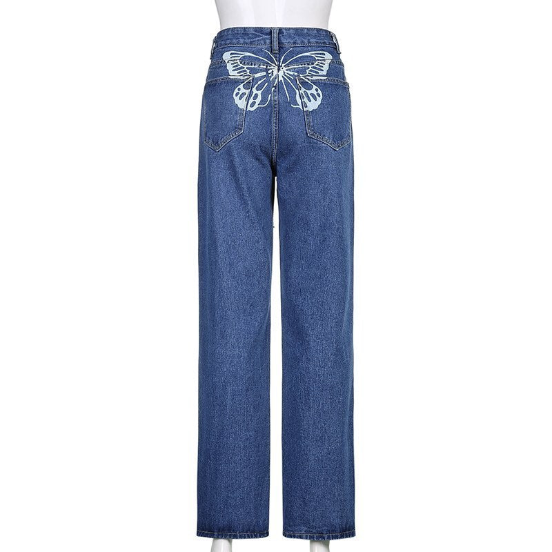 Cute 90s Buttery Print Casual Baggy Straight High Waist Mom Blue Denim Jean Bottom Pant Aesthetic E-Girl Kawaii Korean Japanese Harajuku Streetwear