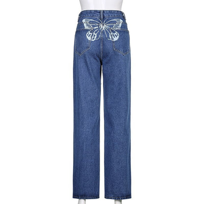 Cute 90s Buttery Print Casual Baggy Straight High Waist Mom Blue Denim Jean Bottom Pant Aesthetic E-Girl Kawaii Korean Japanese Harajuku Streetwear
