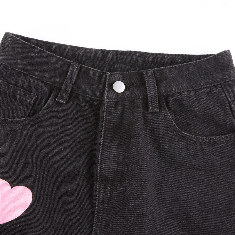 Cute Vintage Pink Heart Print Black Denim Jeans Straight High Waist Long Trouser Pants Autumn Casual E-Girl Kawaii Korean Japanese Harajuku Streetwear