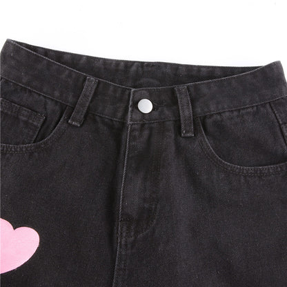 Cute Vintage Pink Heart Print Black Denim Jeans Straight High Waist Long Trouser Pants Autumn Casual E-Girl Kawaii Korean Japanese Harajuku Streetwear