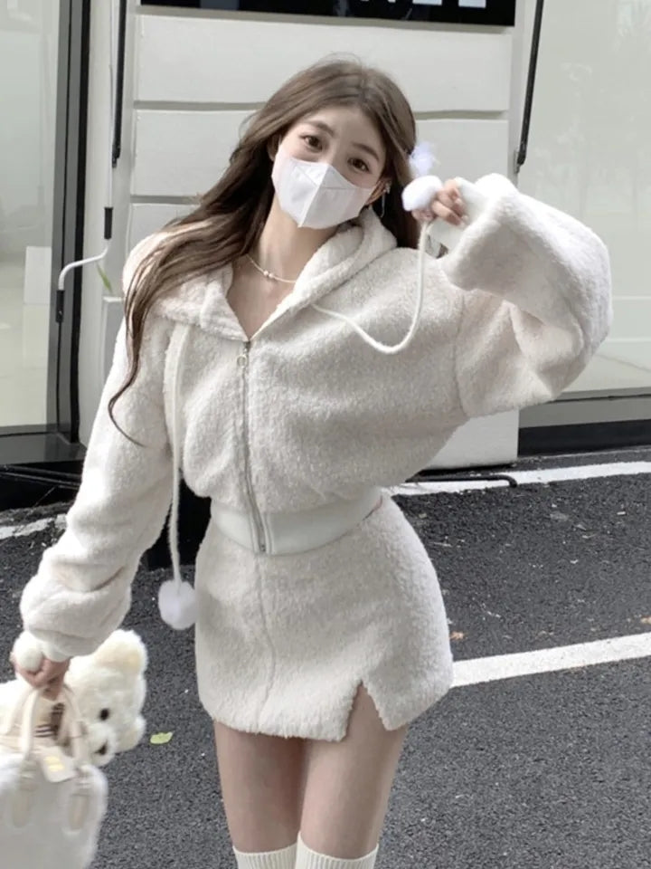 2PCS White Soft Zipper Hoodie + Split Mini Skirt
