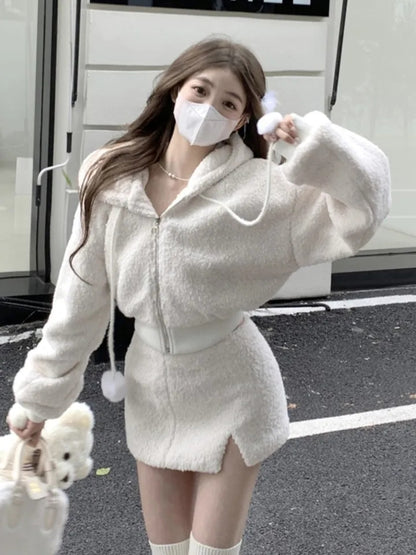 2PCS White Soft Zipper Hoodie + Split Mini Skirt