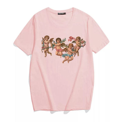 Cute 90s Angel Art Cartoon Print Short Sleeve T-shirt Vintage Punk Aesthetic Casual Summer E-Girl Kawaii Korean Japanese Haraju