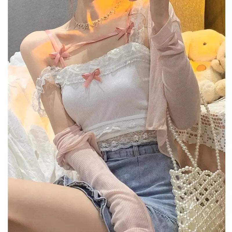 Cute Sweet Lace Bow Sling Crop Top Sleeveless Shirt 90S Summer Aesthetic Casual E-Girl Kawaii Korean Japanese Harajuku
