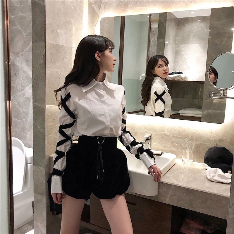 Cute White Shirt Black Bandage Ribbon Tie Up Turn Down Collar Long Sleeve Shirt Blouse Aesthetic Casual E-Girl Kawaii Korean Japanese Harajuku