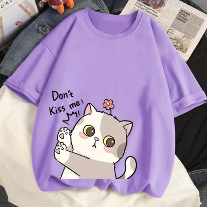 Cute Cat Kitten Don't Kiss Me Graphic Cartoon Print Loose Short Sleeve T-shirt Aesthetic Casual Summer E-Girl Kawaii Korean Japanese Harajuku