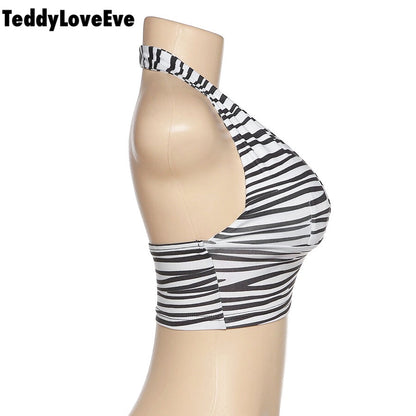 Cute Sexy Zebra Animal Print Sleeveless Halter Crop Top Shirt Tee T-shirt E-Girl Kawaii Korean Japanese Harajuku Chinese Retro Streetwear Aesthetic