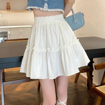 Cute White Ruffles Patchwork High Waist Mini Skirt Fairycore Pleated Preppy Aesthetic Casual Summer E-Girl Kawaii Korean Japanese Harajuku