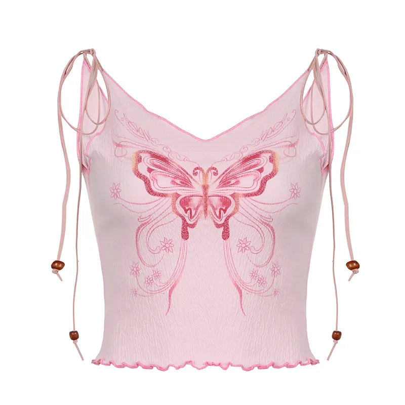 Butterfly Ruffle Trim Crop Top