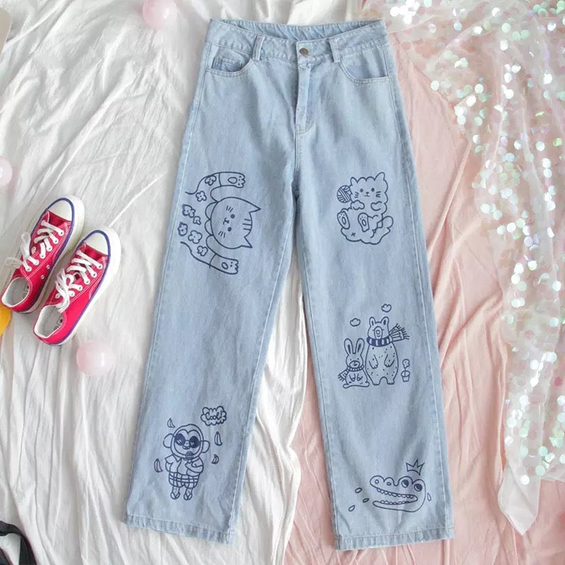 Cat Animal Cartoon Print Loose High Waisted Straight Demin Jeans Trousers Female Pants E-Girl Kawaii Korean Japanese Harajuku Streetwear