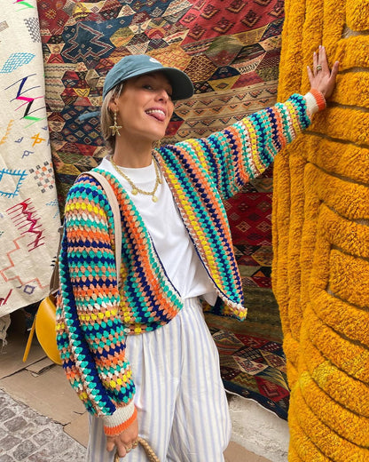 Rainbow Stripe Crochet Loose Cardigan