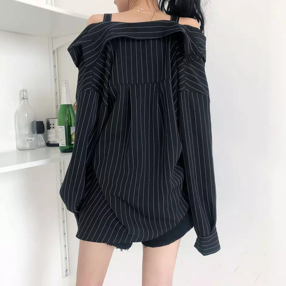 Cute Black Vertical Stripe Buckle Off Shoulder Long Sleeve Shirt Blouse Aesthetic Casual E-Girl Kawaii Korean Japanese Harajuku