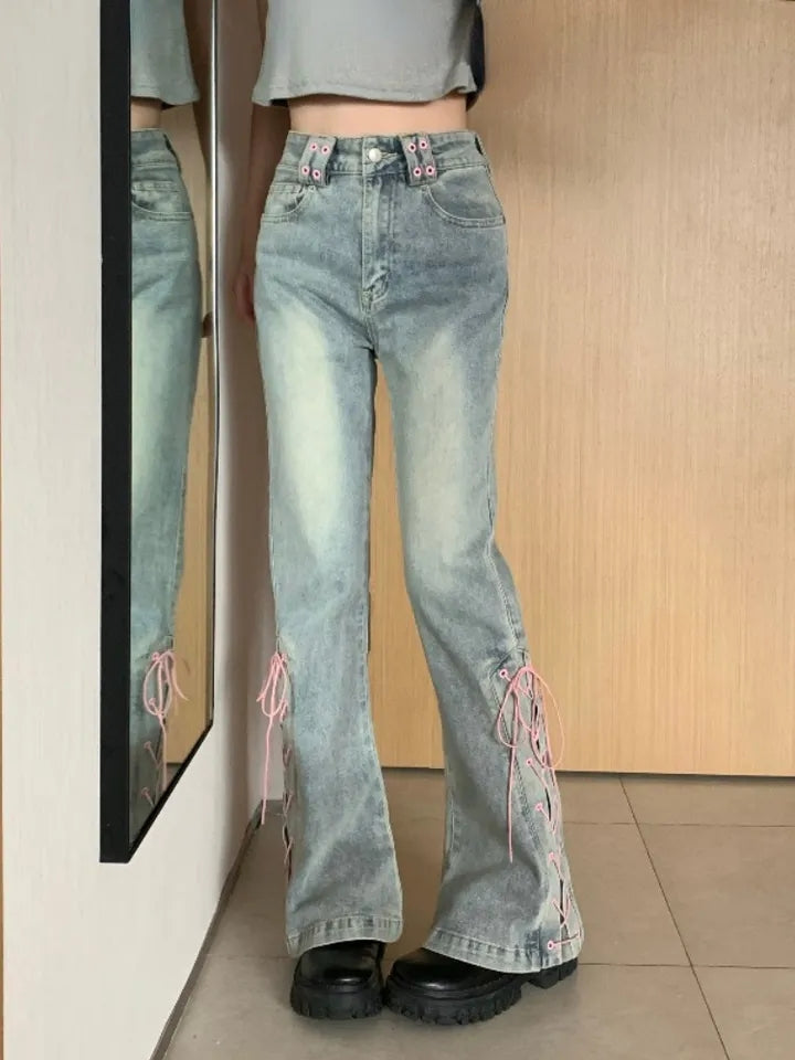 Pink Lace Up High Waist Flare Pants