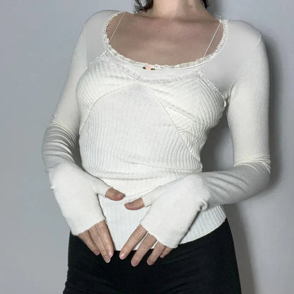 White Lace Trim Square Collar Long Sleeve Shirt