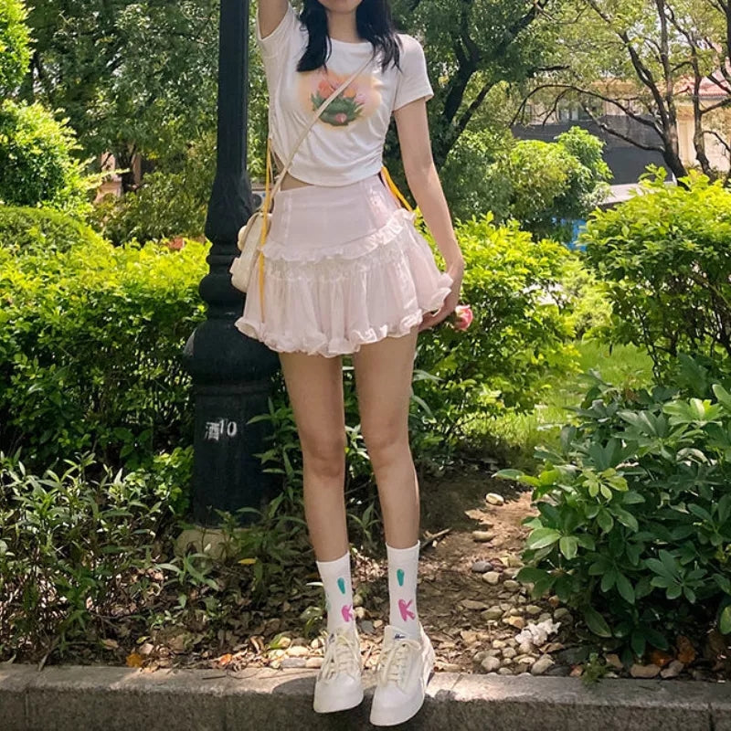 Sweet Lace Ruffle Mesh Fairycore High Waist Mini Skirt