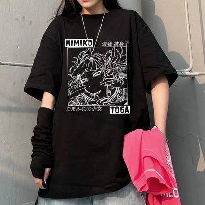 Cute Himiko Toga Anime Girl Cartoon Print Oversized Short Sleeve T-shirt Aesthetic Casual Summer E-Girl Kawaii Korean Japanese Harajuku