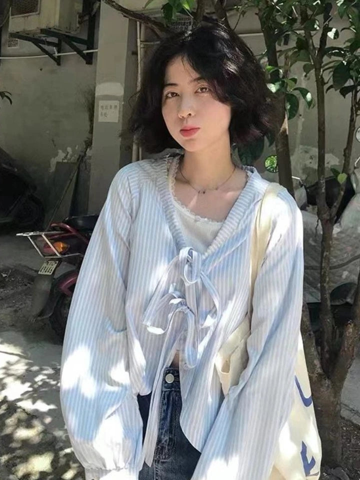 Blue Striped Bandage Long Sleeve Blouse