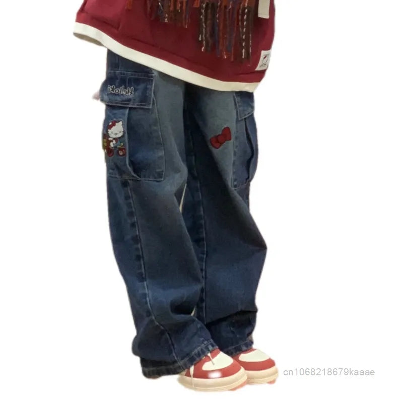 Kitty Cat Embroidery Wide Leg Denim Trousers
