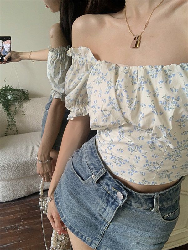 Blue Floral Bandage Puff Sleeve Square Collar Top