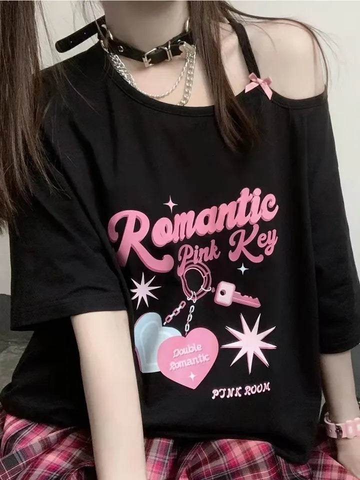 Sweet Pink Print Off Shoulder Short Sleeve T-shirt
