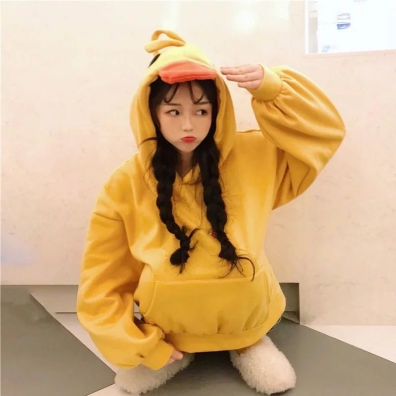 Cute 3D Yellow Duck Hoodie Long Sleeve Pullover Casual Aesthetic Casual E-Girl Kawaii Korean Japanese Harajuku