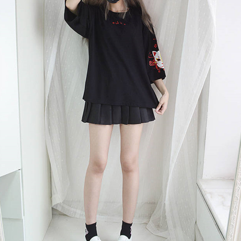 Fox Anime Cartoon Print Vintage Black T-shirt Short Sleeve Tee Shirt Causal Summer Top E-Girl Kawaii Korean Japanese Harajuku Streetwear
