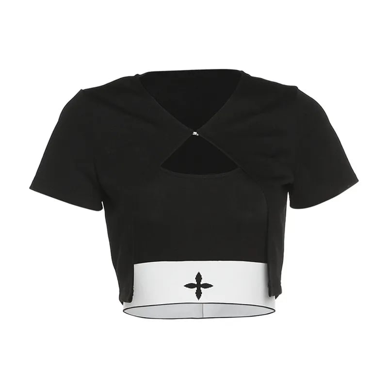 Black Punk Square Collar Short Sleeve Shirt