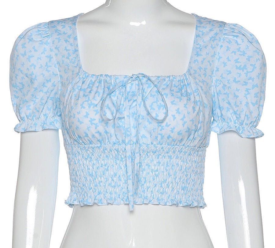 Cute Floral Butterfly Puff Tie Up Crop Top Short Sleeve Shirt Tee T-shirt Kawaii Korean Japanese Harajuku Chinese Retro Streetwear Aesthetic Fashion