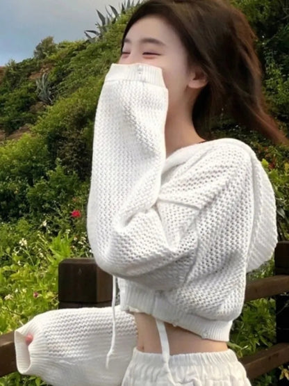 White Hollow Out Cropped Sweater