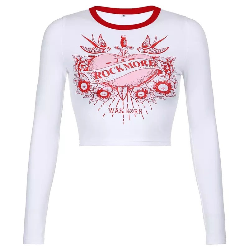 Cute Retro Rock Heart Aesthetic Print Crop Top Long Sleeve Shirt Tee T-shirt Punk Goth Summer Casual E-Girl Kawaii Korean Japanese Harajuku Streetwear