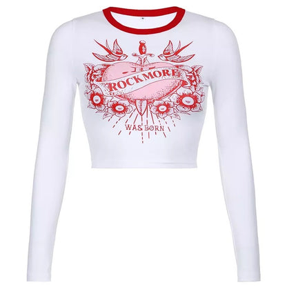 Cute Retro Rock Heart Aesthetic Print Crop Top Long Sleeve Shirt Tee T-shirt Punk Goth Summer Casual E-Girl Kawaii Korean Japanese Harajuku Streetwear