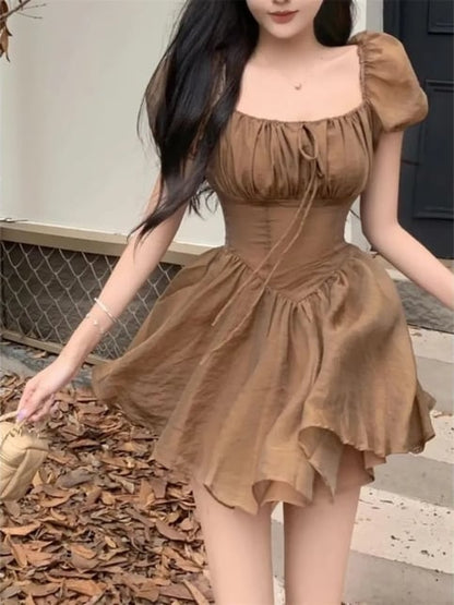 Brown Squares Neck Puff Sleeve Dress