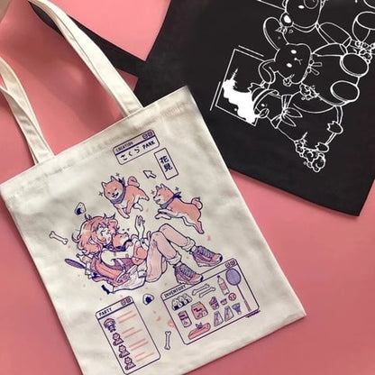Cute Shiba Inu Anime Girl Cartoon Tote Canvas Bag Shopper Shoulder Bag Aesthetic Casual Summer E-Girl Kawaii Korean Japanese Harajuku
