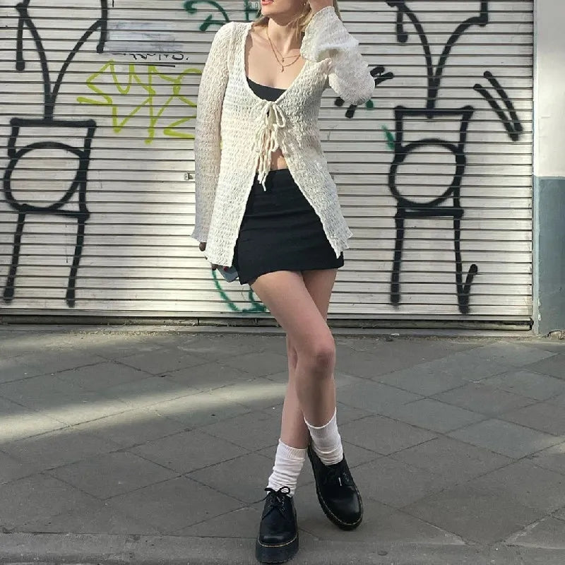 White Lace Up Long Sleeve Flare Cardigan