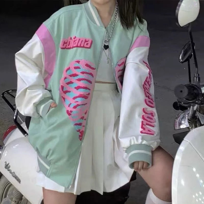 Retro Vintage Pastel Heart Ribs Print Oversized Long Sleeve Zipper Hoodie Sweatshirt Aesthetic Casual E-Girl Kawaii Korean Japanese Harajuku