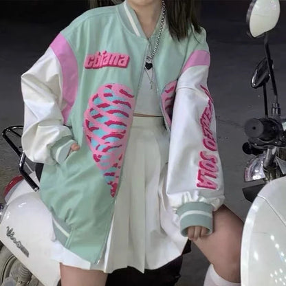 Retro Vintage Pastel Heart Ribs Print Oversized Long Sleeve Zipper Hoodie Sweatshirt Aesthetic Casual E-Girl Kawaii Korean Japanese Harajuku