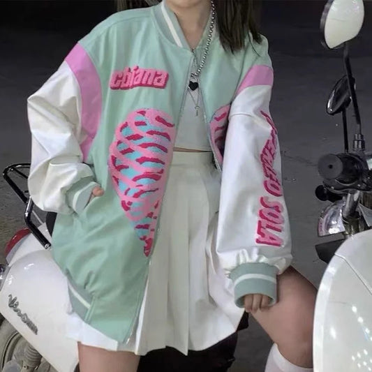 Retro Vintage Pastel Heart Ribs Print Oversized Long Sleeve Zipper Hoodie Sweatshirt Aesthetic Casual E-Girl Kawaii Korean Japanese Harajuku