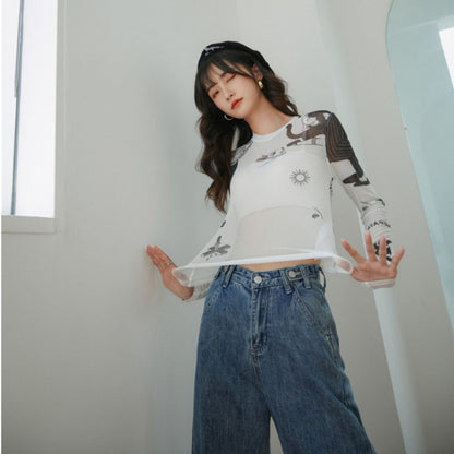 White Sun Mesh Transparent Long Sleeve Shirt