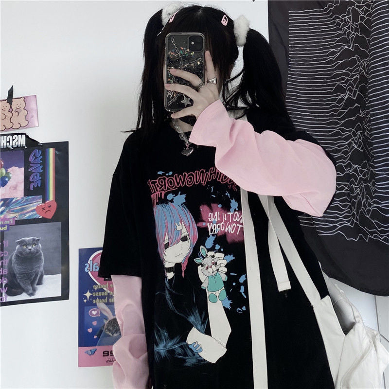 Goth Anime Girl Cartoon Print Loose Casual Sweatshirt Sweater Long Sleeve Shirt Pullover Jumper E-Girl Kawaii Korean Japanese Harajuku Streetwear